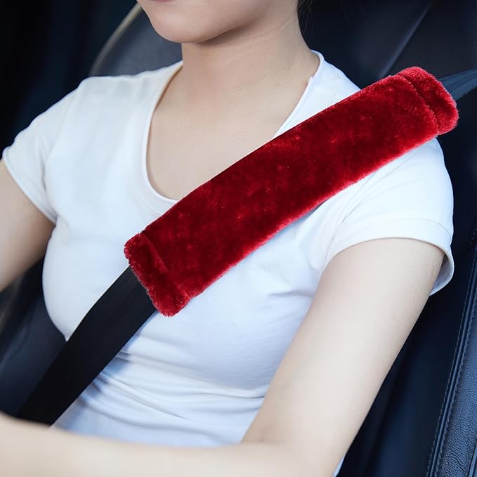 MOONET 2 Packs Car Seatbelt Covers Shoulder Pad for More Comfortable Driving, Universal Seat Belt Cover for Handbag Camera Backpack Straps, Soft Faux Sheepskin Wool Seat Belt Cushion (Claret)