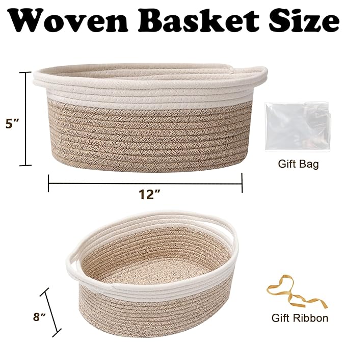 Small Woven Rope Basket-Empty Gifts Basket with Bag and Ribbons,Cute Handle Organizer Box for Birthday/Baby Shower, Toy Storage, Nursery Organizing & Shelf Decor(White&Mixed Brown)