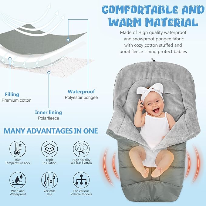 Universal Baby Footmuff for Strollers,Stroller Cover for Winter with Hooded Design,Waterproof and Windproof Winter Sleeping Bag with Coral Fleece Lining, Baby Bunting Bags for Most Strollers (GREY)