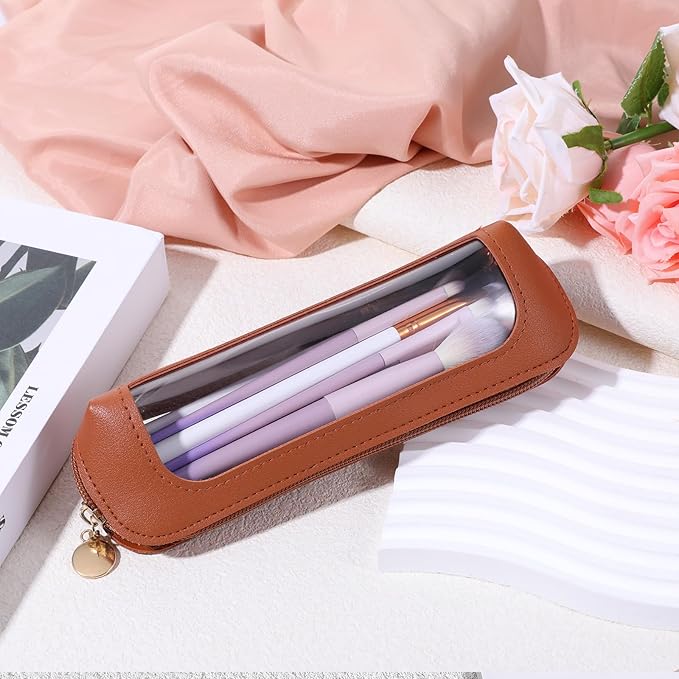 Small Clear Makeup Pouch, PU Leather Makeup Brush Bag Portable Travel Mini Cosmetic Bag Transparent Waterproof Organizer Pouch with Zipper for Women Home Travel Office Cosmetic Storage (Brown)