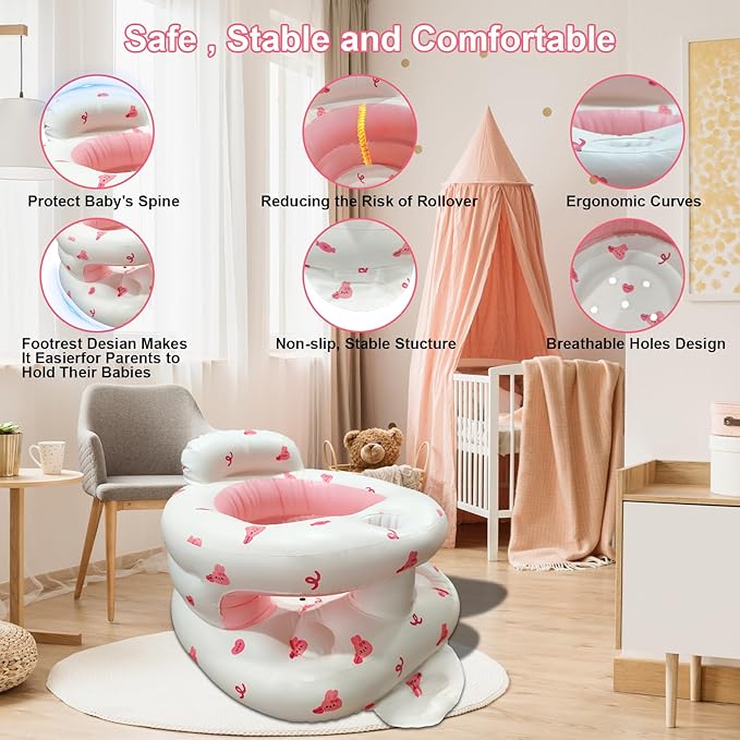Inflatable Baby Seat for Babies 3-36 Months, Baby Chair with Fence & Built in Air Pump, Blow Up Floor Baby Seat with Back Support, Inflatable Baby Chair Sit Me Up for Home, Travel Pink Rabbit Fence