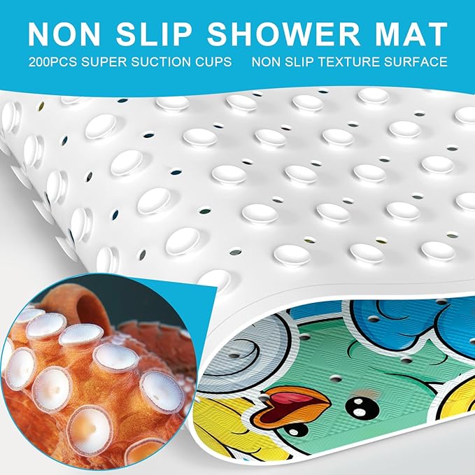 XIYUNTE Baby Bath Mat for Tub Non Slip Kids, BPA Free Extra Long Bathtub Mat 40x16 with Drain Holes and 200 Suction Cups, Non Toxic Machine Washable Toddler Bath Mat, Eco-Friendly Certified
