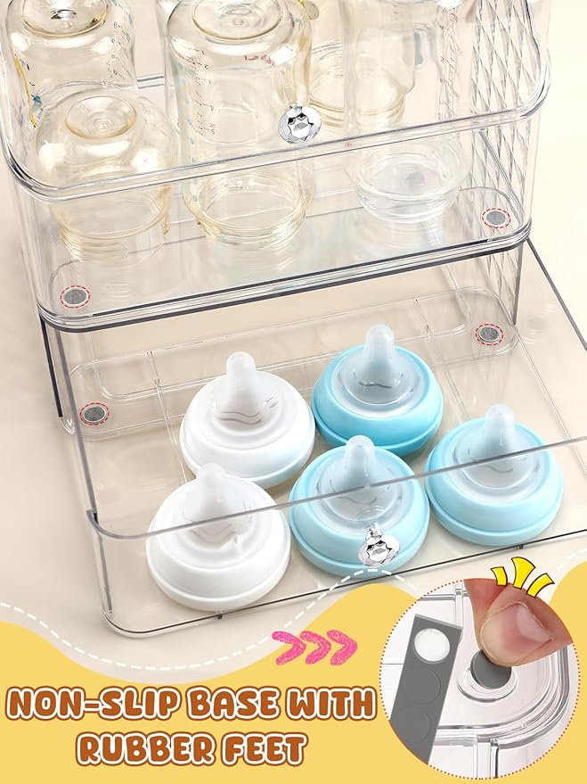 Flip-top Baby Bottle Organizer for 6 to 8 Bottles - Easy to Access, Space-Saving Clear Stackable Storage Drawers Baby Bottle Station for Kitchen Countertop Cabinet Nursery
