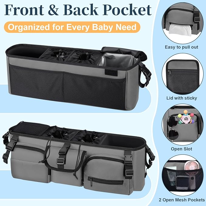 Double Stroller Organizer Compatible with Bob Duallie and Baby Jogger City Mini GT2, Double Baby Stroller Accessories with Cooler Bag, Parent Console Double Jogging Stroller Caddy, Grey