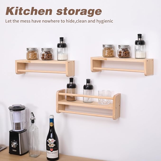 Wall mounted multifunctional storage rack, natural pine kindergarten bookshelf, furniture decoration rack, children's room floating bookshelf, bathroom, kitchen seasoning bracket (3-piece set)