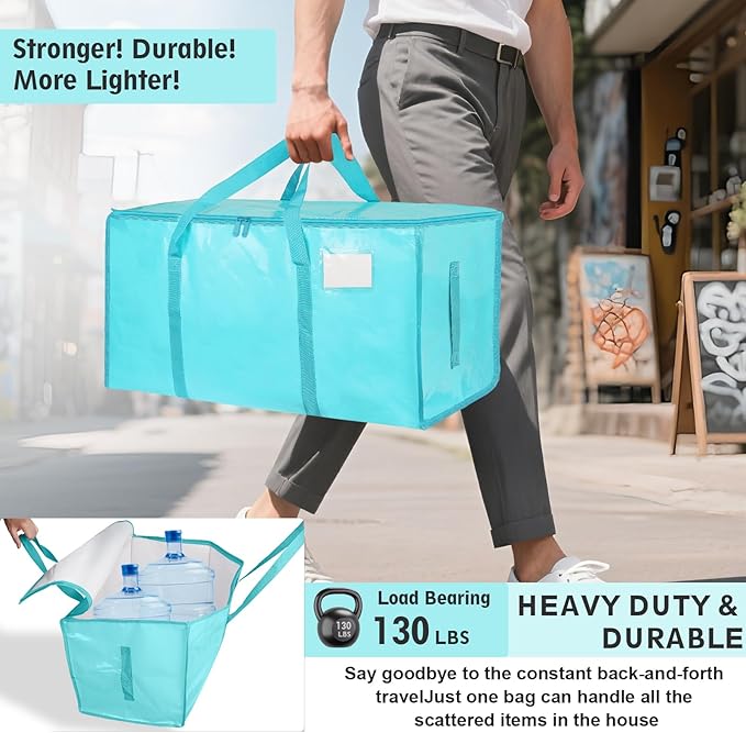 12 Pack-Extra Large Heavy Duty Moving Bags - Waterproof Storage Totes with Handles & Zippers, Foldable for College Dorm, Storage (lake blue)