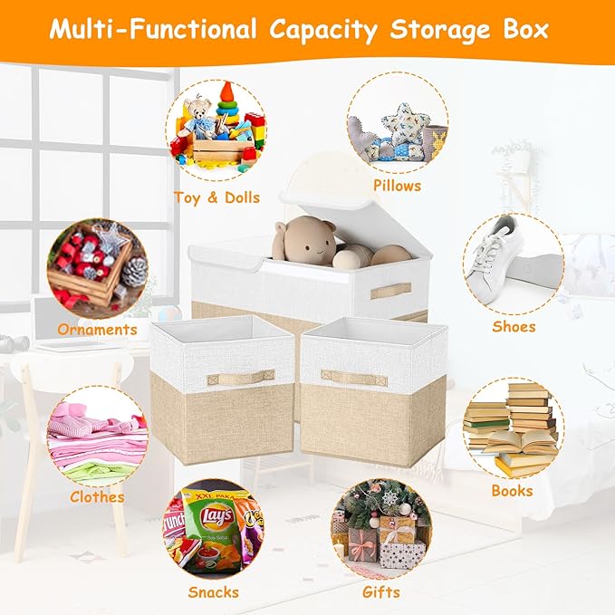 Fiwochic 3 Pack 23" Large Toy Storage Box with 11" Cubes Bins, Collapsible Toy Organizer Chest with Lids for Kids Nursery Playroom Bedroom Living Room Christmas Ornament Storage Box(Beige White)