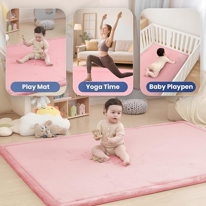 Huloo Sleep Ultra Soft Baby Play Mat for Floor, 1.3" Thick Elasti-Foam 65x50 Play Mat for Playpen,Water-Repellent Coral Velvet for Tummy Time, Non-Slip Backing,Safe for Toddlers & Infants（Pink）