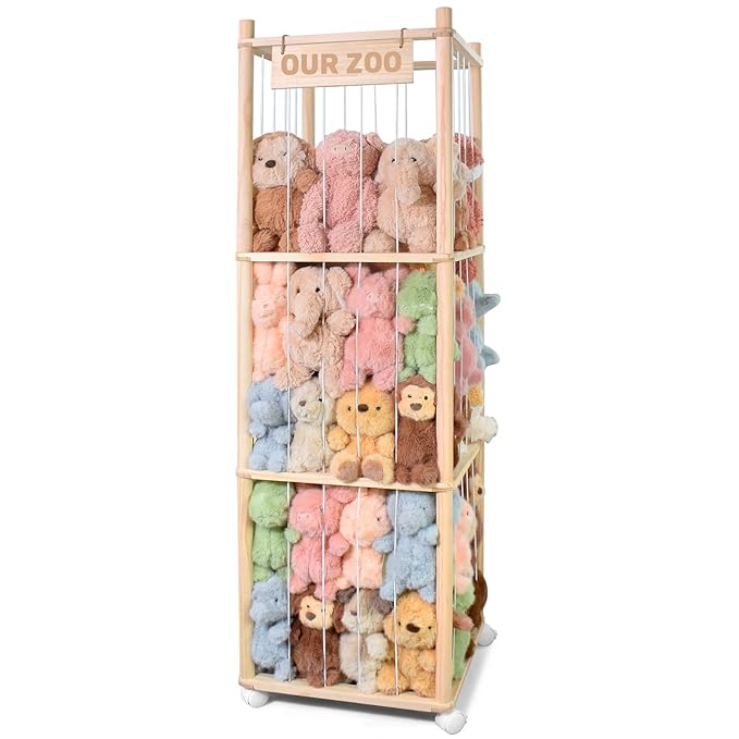 BENCHRY Stuffed Animal Storage, Wooden Cute Zoo Toy Holder with Brake Wheels, Space Save Toy Organizer, Large Capacity Stuffed Animal Holder, Perfect for Nursery Playroom Kidroom Bedroom-54 Inch