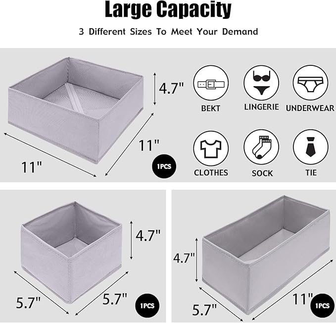 Foldable Dresser Drawer Organizers Clothes, Underwear Organizer Foldable Cloth Storage Box Drawer Divider Organizer Basket Bins for Underwear Socks, Bras, Underwear,3 Pack (Light Grey)