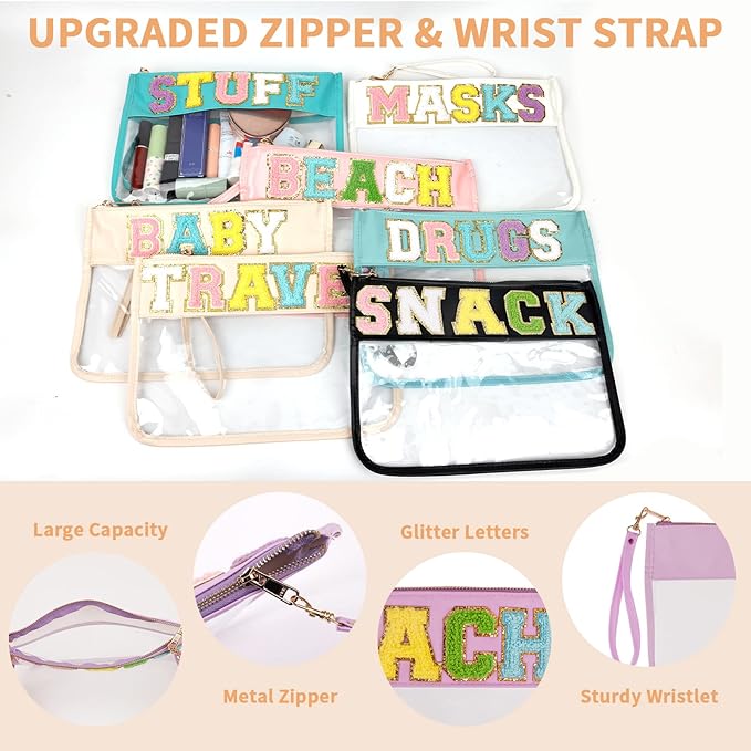 Iqimott Monogram Clear Letter Beach Bag Flat Pouch, Chenille Glitter Letter Patch Makeup Cosmetic Bag Zipper Toiletry Pouch, Portable Travel Beach Snack Wristlet Bags for Women Girls(Beach, Purple)