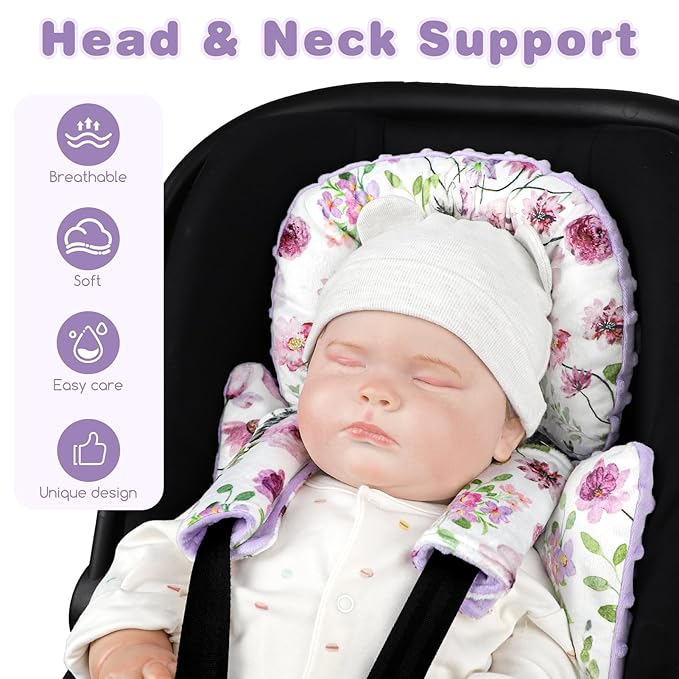 GFU 3-in-1 Infant Car Seat Insert, Soft Head and Body Support,Ultra & Strap Covers Set, Reversible Newborn Car Seat Cushion Pad for Baby Boy & Girl fits Stroller, Swing, Bouncer (Purple)