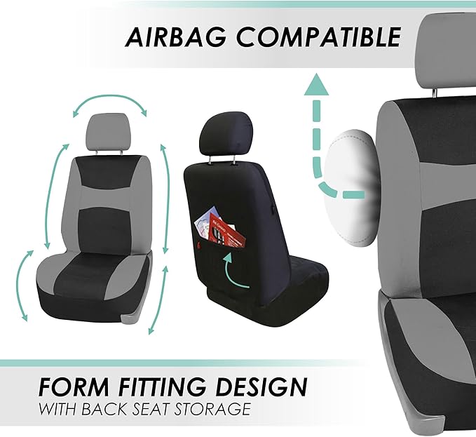 FH Group Universal Fit Gray Black Automotive Seat Covers Combo Set with Steering Wheel Cover and Seat Belt Pad fits Most Cars, SUVs, and Trucks (Airbag Compatible and Split Bench)