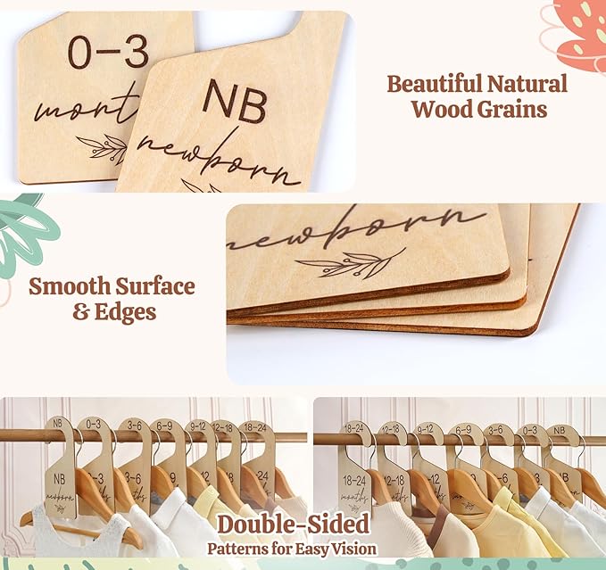 HOUISM Beautiful Baby Closet Dividers for Clothes Organizer - Wooden Double-Sided Gender Neutral Size Dividers from Newborn to 24M for Nursery Decor & Organization Baby Party Gift Set
