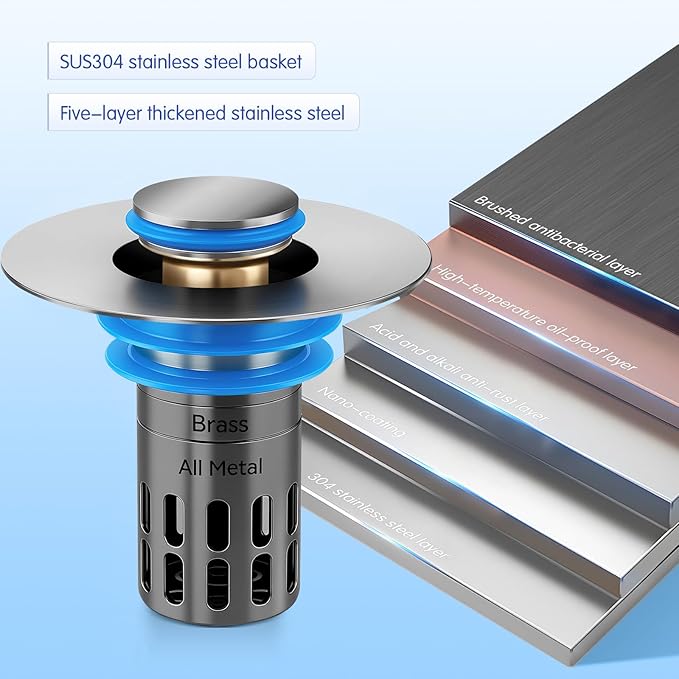 Bathroom Sink Stopper, Pop Up Drain for Bathroom Sink, Sink Plug Hair Catcher, Silent Popper Core with Removable Stainless Steel Filter Basket (Brushed Nickel, 1 Pack)