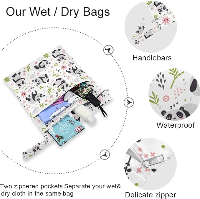 visesunny Cute Panda 2Pcs Wet Bag with Zippered Pockets Washable Reusable Roomy for Travel,Beach,Pool,Daycare,Stroller,Diapers,Dirty Gym Clothes, Wet Swimsuits, Toiletries