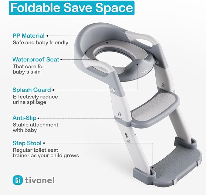 3-in-1 Toddler Potty Training Toilet Seat with Ladder | Foldable Toilet Potty Training Seat with Step Stool Ladder | 5-Level Adjustable Height | Soft Cushion, Splash Guard & Anti Slip Pad