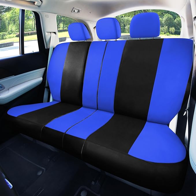 FH Group Full Set Cloth Car Seat Covers , Universal Fit Combo Set with Steering Wheel Cover and Seat Belt Pad for Cars, SUVs and Trucks, Blue