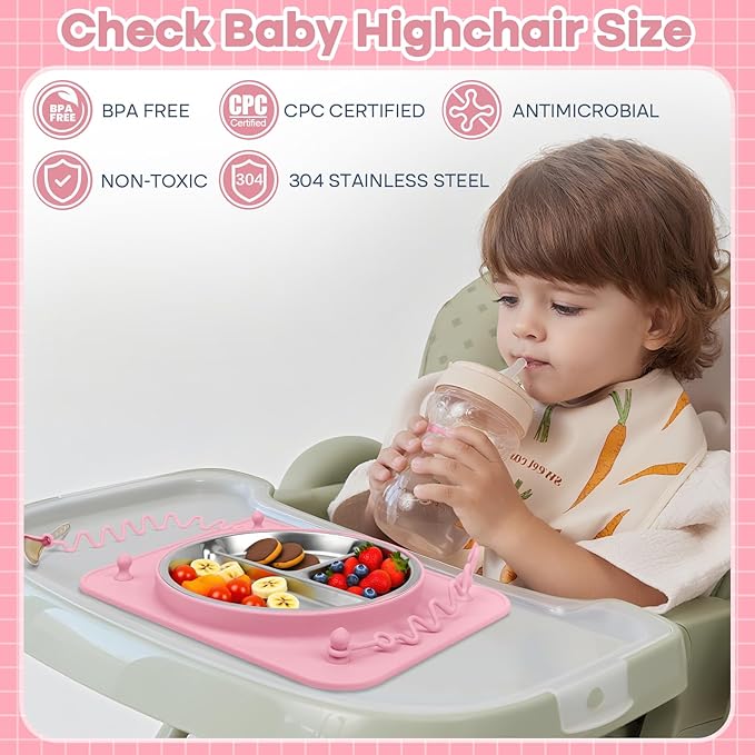 Baby Silicone Mat with Stainless Steel Divided Plate – Non-Slip Suction Base & 4 Straps to Secure Baby Essentials, BPA-Free Self Feeding Placemat for Infants Toddlers High Chair & Dining Table