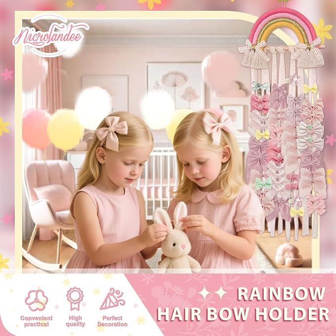 NICROLANDEE Rainbow Tassels Hair Bows Holder Hanging - Baby Hair Accessories Storage Bow Organizer Wall Hanger Decor for Baby Girls Wall Hanging Decor for Girls Room Ornament (Pink Yellow)