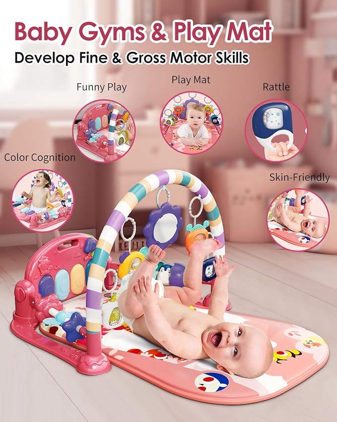 dearlomum Baby Play Mat Baby Gym,Funny Play Piano Tummy Time Baby Activity Mat with 5 Infant Sensory Baby Toys & 2 Baby Book Toys, Boy & Girl Gifts for Newborn 0 to 3 6 9 12 Months(Pink), Medium