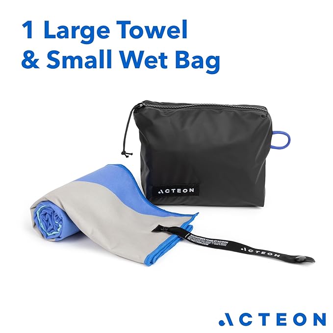 Acteon Wet Dry Travel Bag, Splash Water Resistant & Heavy Duty Zipper Reusable Bags, Small Pocket-Friendly Pouch, Pool & Gym - Large Quick Dry Silver ION Odor-Free Mega Absorbent Fiber (Current)
