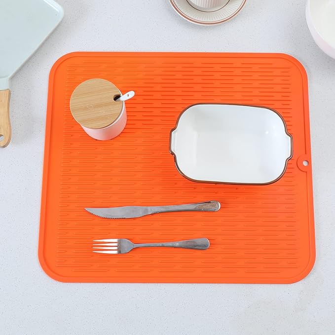 MicoYang Silicone Dish Drying Mat for Multiple Usage,Easy clean,Eco-friendly,Heat-resistant Silicone Mat for Kitchen Counter or Sink,Refrigerator or Drawer Liner Orange XL 18 inches x 16 inches