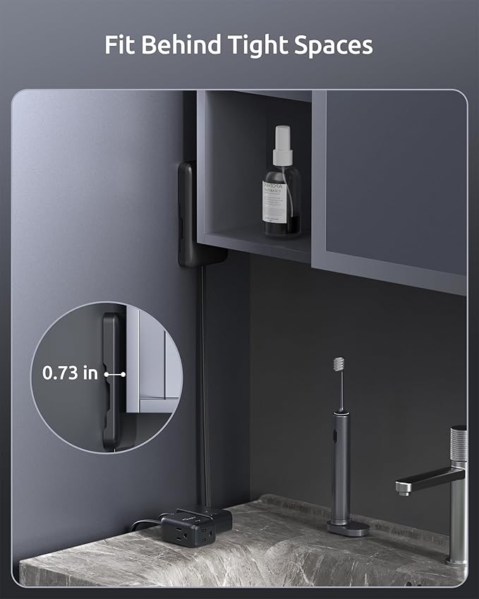 1.5FT Short Flat Extension Cord with 3 Outlets, Flat Wall Plug & Ultra-Thin Outlet Cover, 900J Surge Protection, 13A/1625W, ETL Listed, Black Outlet Extender Plug Behind TV, Couch, Furniture
