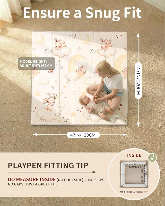 Baby Play Mat, 47 x 47 Inch Foldable Play Mats for Babies and Toddlers, Waterproof & Anti-Slip Portable Baby Floor Mat for Baby Playpen, Baby Mat for Floor with Travel Bag