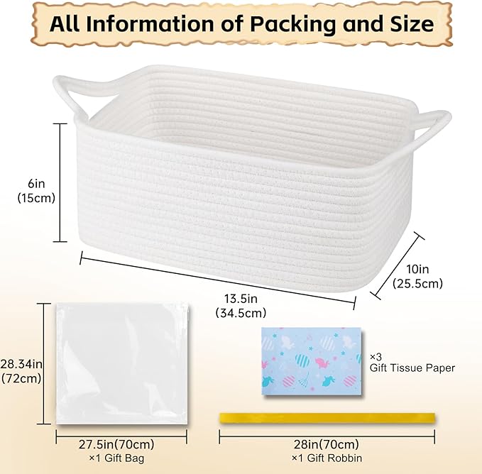 OIAHOMY Woven Basket, Gift Basket Empty with Gift Bags, Ribbons and Wrap Tissue Paper, Rope Baskets for Baby Showers, Storage Baskets with Handles for Nursery, Pet Toy Organizer - Easter White