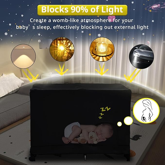 South to East Pack N Play Blackout Cover, Portable Stretchy Blackout Tent for Travel Crib, Breathable Cover for Pack and Play, Blocks 90% of Light with Optimal Airflow, Blackout Pod for Baby Sleep