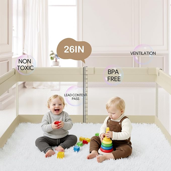 Fodoss Baby Playpen, 59×69in Beige Playpen for Babies and Toddlers, Play Pen for Apartment, Kids Activity Fence, Baby Playard with All-Side Mesh, Pull Rings