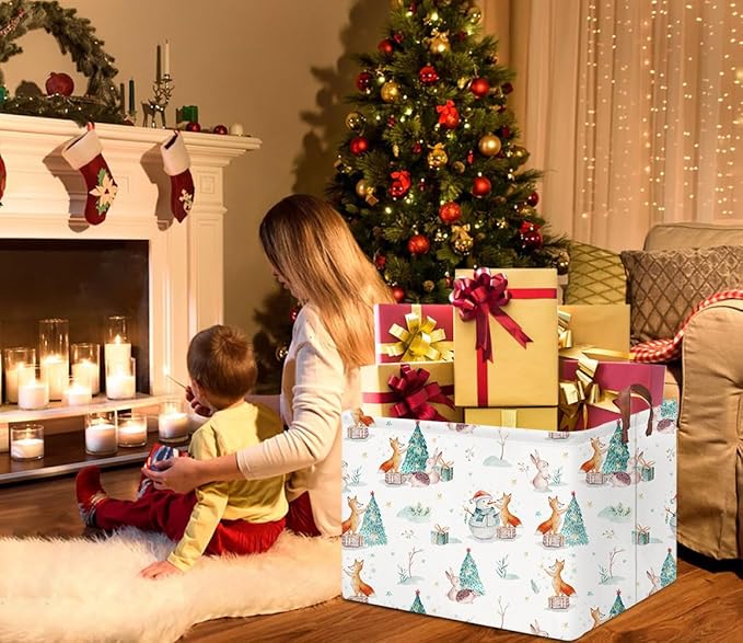 HKEC Rectangle Storage Basket with Handles,Collapsible Storage Bin,Books Box,Gift Basket(Animal Christmas)