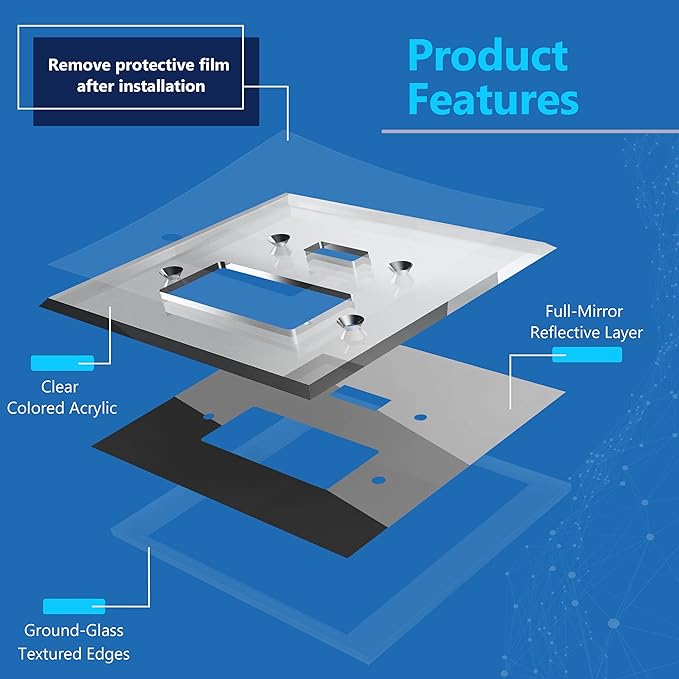LIDER Reflective Acrylic Combination Wall Plate, Mirrored Double Switch Plate, Combo Toggle Switch and Decorator Outlet Cover, Acrylic Glass, Oversized 2-Gang 5.25" x 5.25", LWP-1131O-ASV5P, 5 Pack