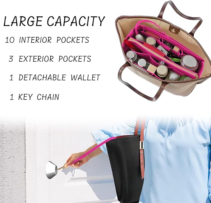 Purse Organizer Insert with Zipper Felt Bag Organizer for Tote Purse Bag Rose Large