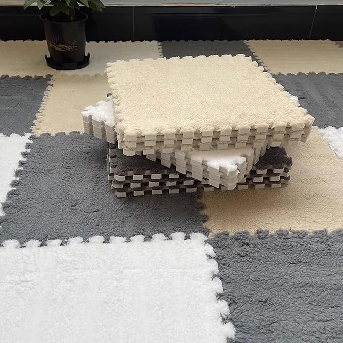 12pcs Plush Puzzle Foam Floor Mat, Cute Soft Fluffy Interlocking Square Foam Tiles Area Rugs Carpet for Parlor Bedroom Decoration(11.8x11.8x0.4in, Grey&White&Light Brown)