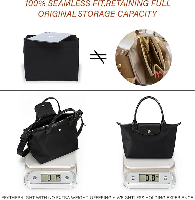 Premium Felt Purse Organizer Insert for Longchamp Le Pliage, Zipper Long Champ Bag Organizer Insert with Cup Holder, 9 Compartments,S/Black