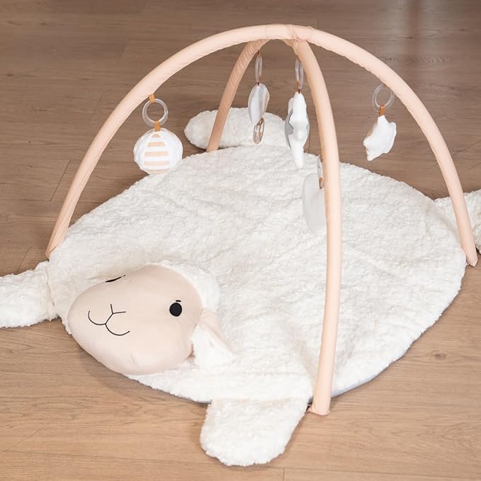 LADIDA Baby Play Mat, Tummy Time Mat with 5 Toys, Washable Baby Activity Mat for Visual, Hearing, Sensory, Motor Development, Little Sheep Playmat