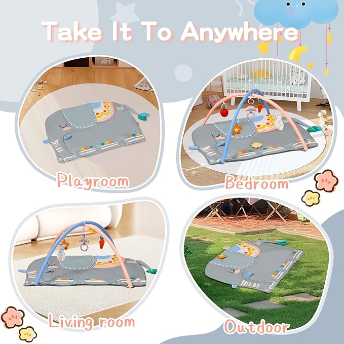 BEINGMATE Care Baby Play Gym Tummy Time Mat, Oversize Elephant Activity Mat with 6 Detachable Toys, Promote Motor Skills & Sensory Development Mat, Newborn Infant Baby Essentials Gift