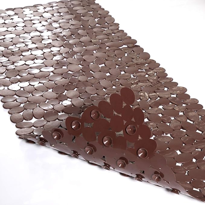 Bath Tub and Shower Mats, Non-Slip Pebble 35 x 16 Inches Machine Washable Bathtub Mat with Drain Holes, Suction Cups for Bathroom (Brown)