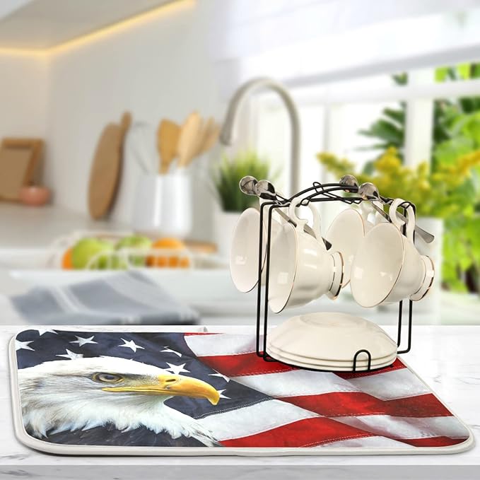 Absorbent Dish Drying Mat for Kitchen Counter - Flag Eagle American Microfiber Drying Pad, Reversible Drainer Mats for Countertop, Large 18" x 24"