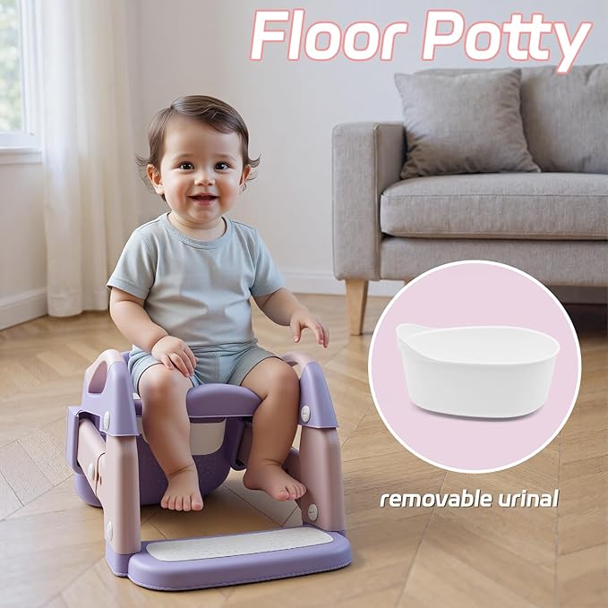 Snugzy Toddler Potty Training Seat 3-in-1 Foldable Potty Training Toilet with Step Stool Adjustable Potty Chair with Urinals (Pink Purple)