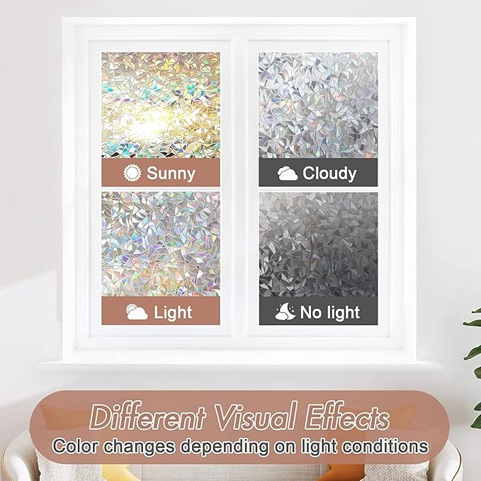 Haton Window Privacy Film, Stained Glass Rainbow Film Decorative Window Clings, Static Cling Sun Blocking Stickers Decals Coverings Tint for Home Heat Control, Non-Adhesive 23.6" x 118.1"