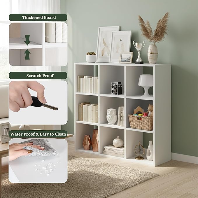 9-Cube Storage Organizer, White Bookshelf with Open Compartments for Home Office, Modern Bookcase Display Shelf for Living Room, Bedroom & Entryway