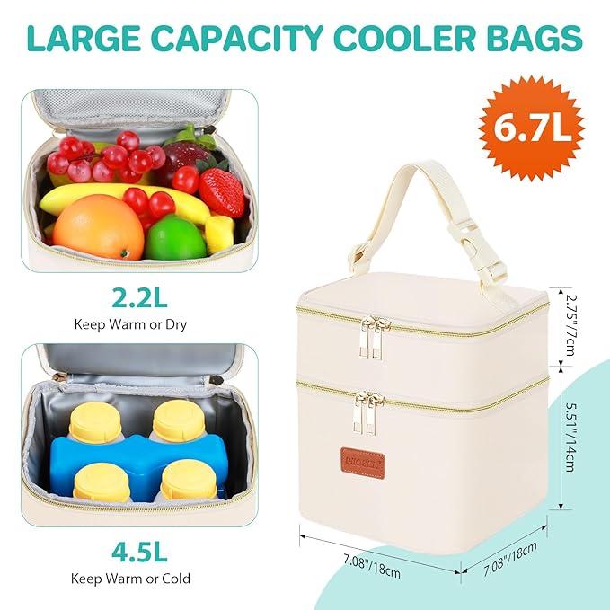 PIIOSER Insulated Baby Cooler Bag with Ice Pack, Fits 4 Baby Bottles Up to 5 Ounce, Portable Breastmilk Cooler Travel Bag with Buckle for Nursing & Working Mom Daycare (Cream-XS-1