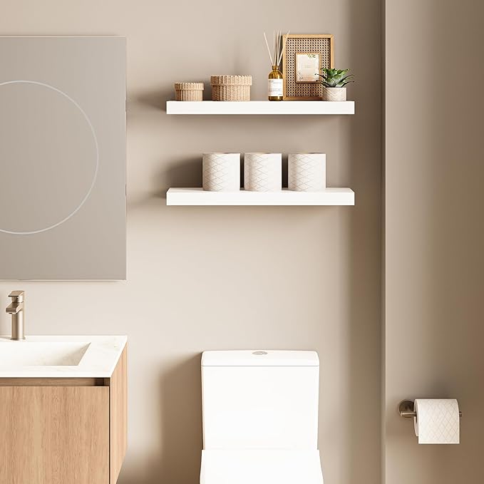 Ballucci Floating Shelves, 24" Wood Wall Shelf Set of 2, with Invisible Brackets for Bathroom, Living Room, Bedroom, Kitchen, Nursery, 6" Deep, White