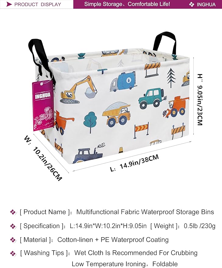 INGHUA Rectangular Storage Basket Fabric Organizer Bin for Toys,Books,Clothes,Gifts,Pets-Perfect for Home,Office,Nursery,Dorm,Shelf(Rec-Vehicles )