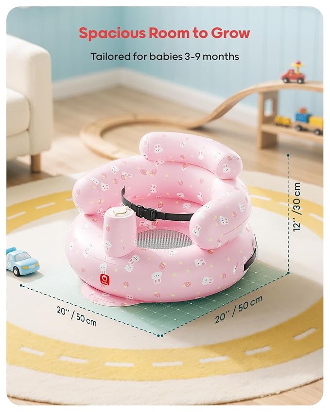 QPAU Inflatable Baby Seat with Safety Harness for Babies 3 Months & Up, Baby Floor Seats for Sitting Up, Baby Seats for Infants, Blow Up Baby Chair with Built in Air Pump (Pink Rabbit)