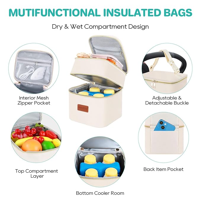 PIIOSER Insulated Baby Cooler Bag with Ice Pack, Fits 4 Baby Bottles Up to 5 Ounce, Portable Breastmilk Cooler Travel Bag with Buckle for Nursing & Working Mom Daycare (Cream-XS-1