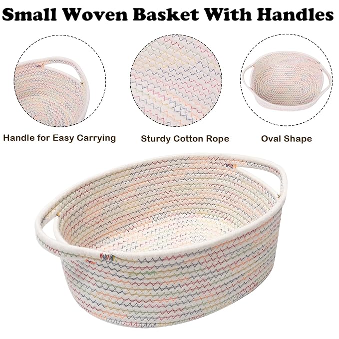 Small Woven Rope Basket-Empty Gifts Basket with Bag and Ribbons,Cute Handle Organizer Box for Birthday/Baby Shower, Toy Storage, Nursery Organizing & Shelf Decor(Colorful Thread)